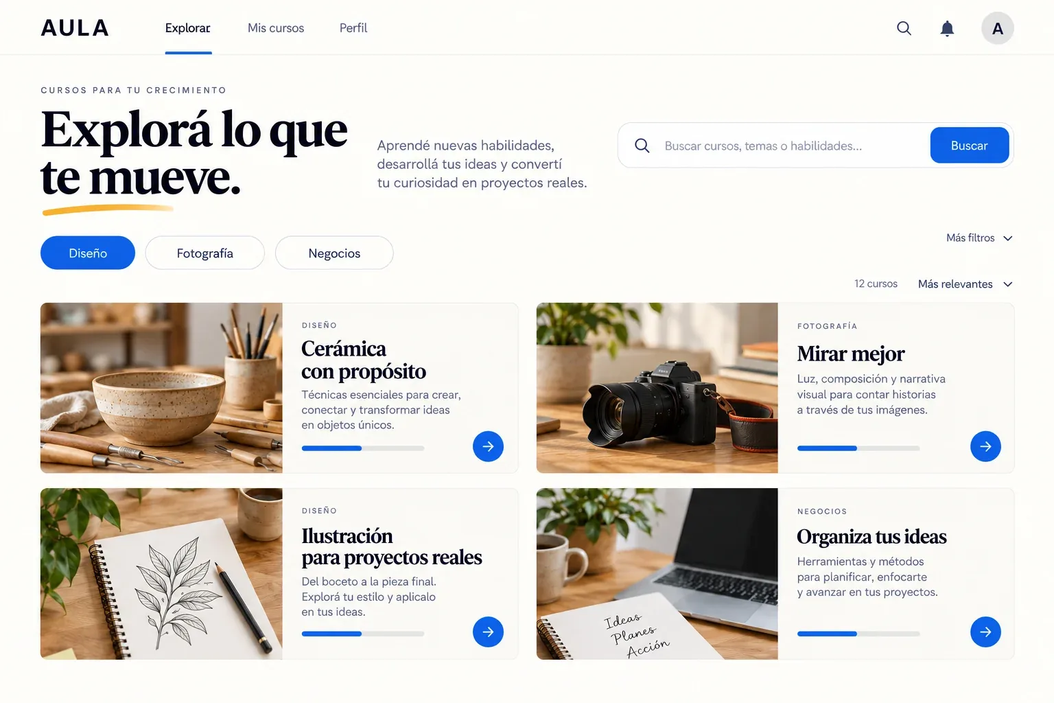 Catálogo de cursos de Aula con categorías y clases para explorar.
