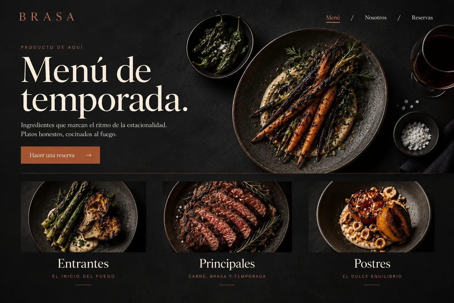 Página del menú de Brasa con platos de temporada y categorías gastronómicas.