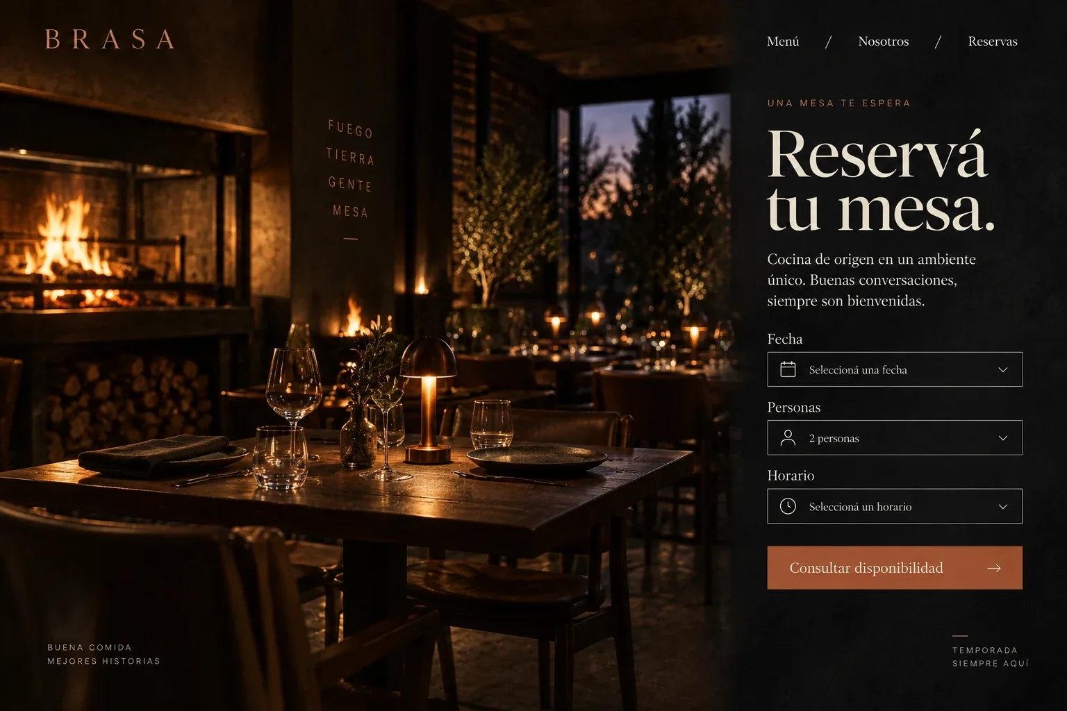 Página de reservas de Brasa con selección de fecha, personas y horario.