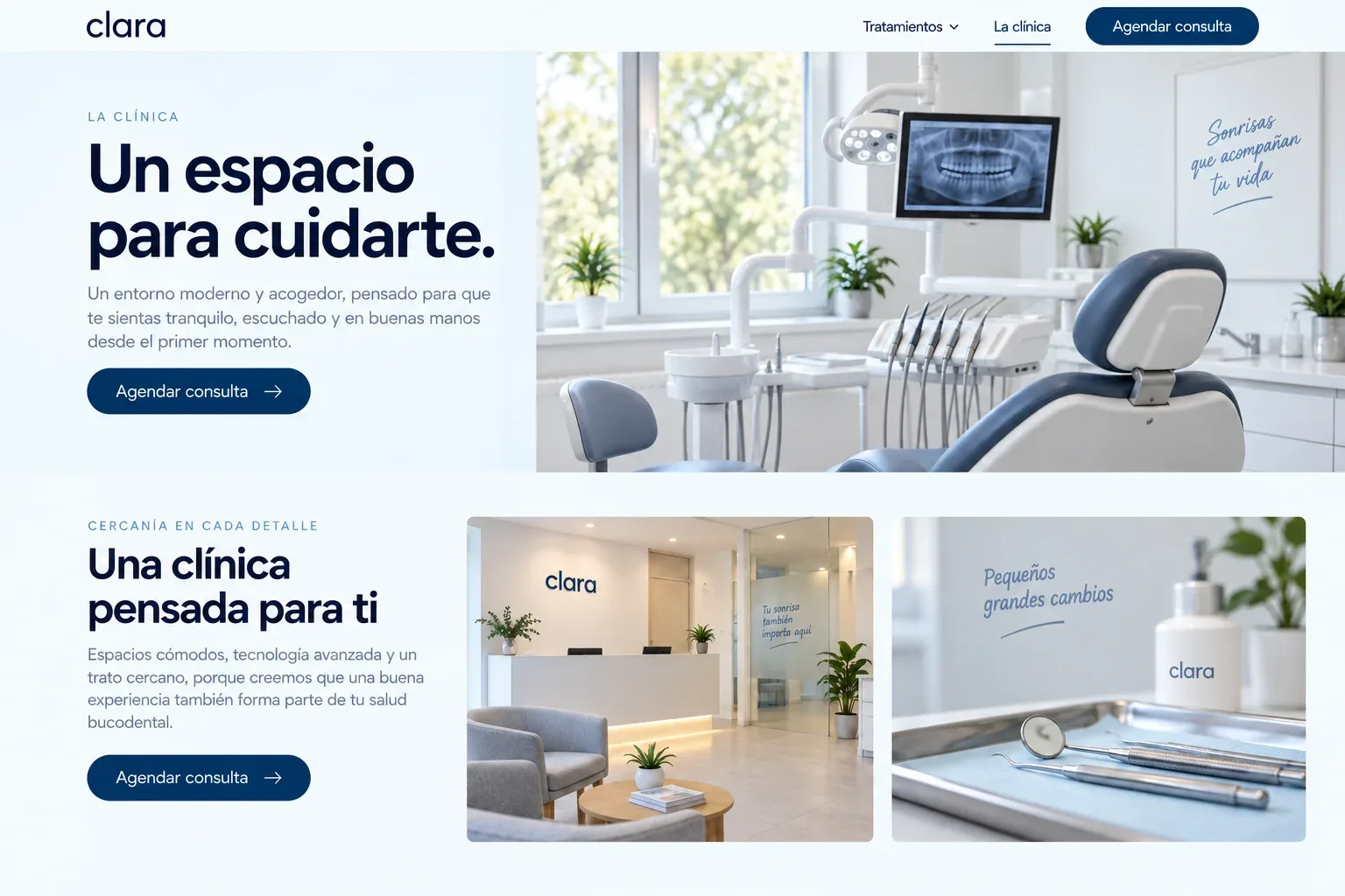 Página de la clínica Clara con espacios de atención y consultorio.