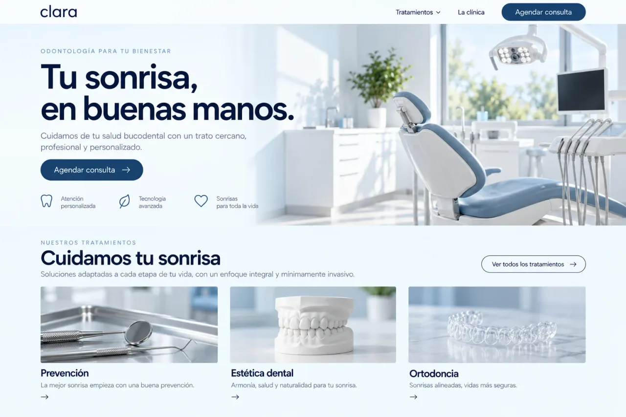 Portada de Clara con presentación de tratamientos dentales y consulta.