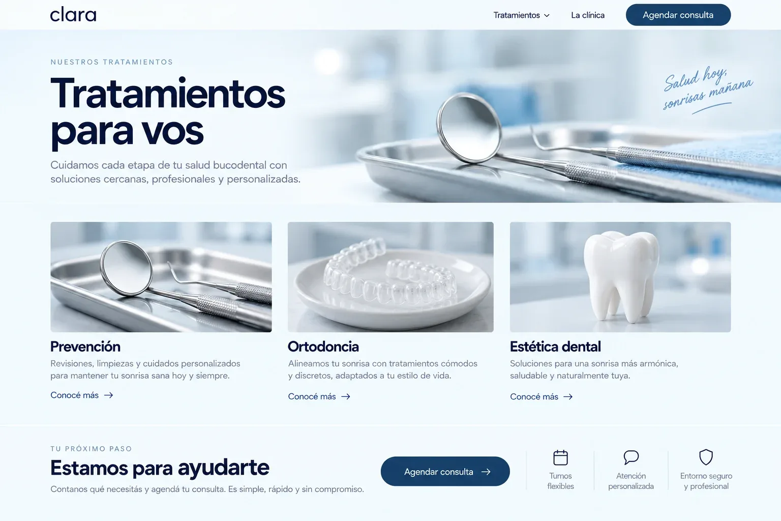 Página de tratamientos de Clara con opciones de prevención, ortodoncia y estética dental.