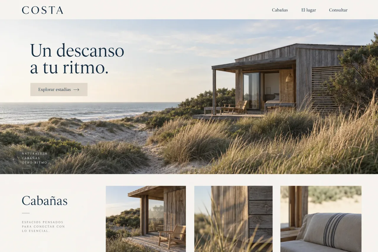 Portada de Costa con cabañas junto al mar y opciones para consultar una estadía.