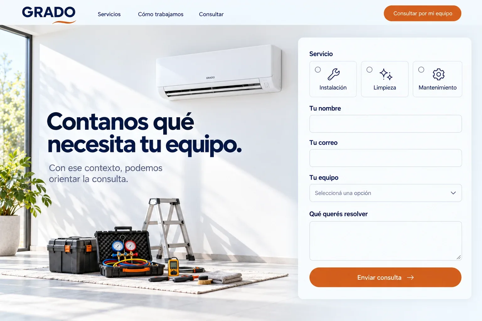 Formulario de consulta de Grado con selección de servicio y contexto sobre el equipo.