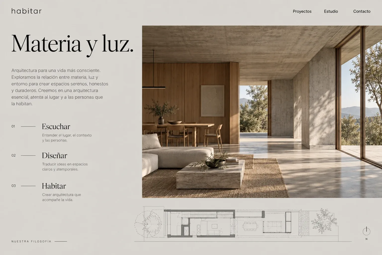 Página del estudio Habitar sobre materiales, luz y proceso de diseño.