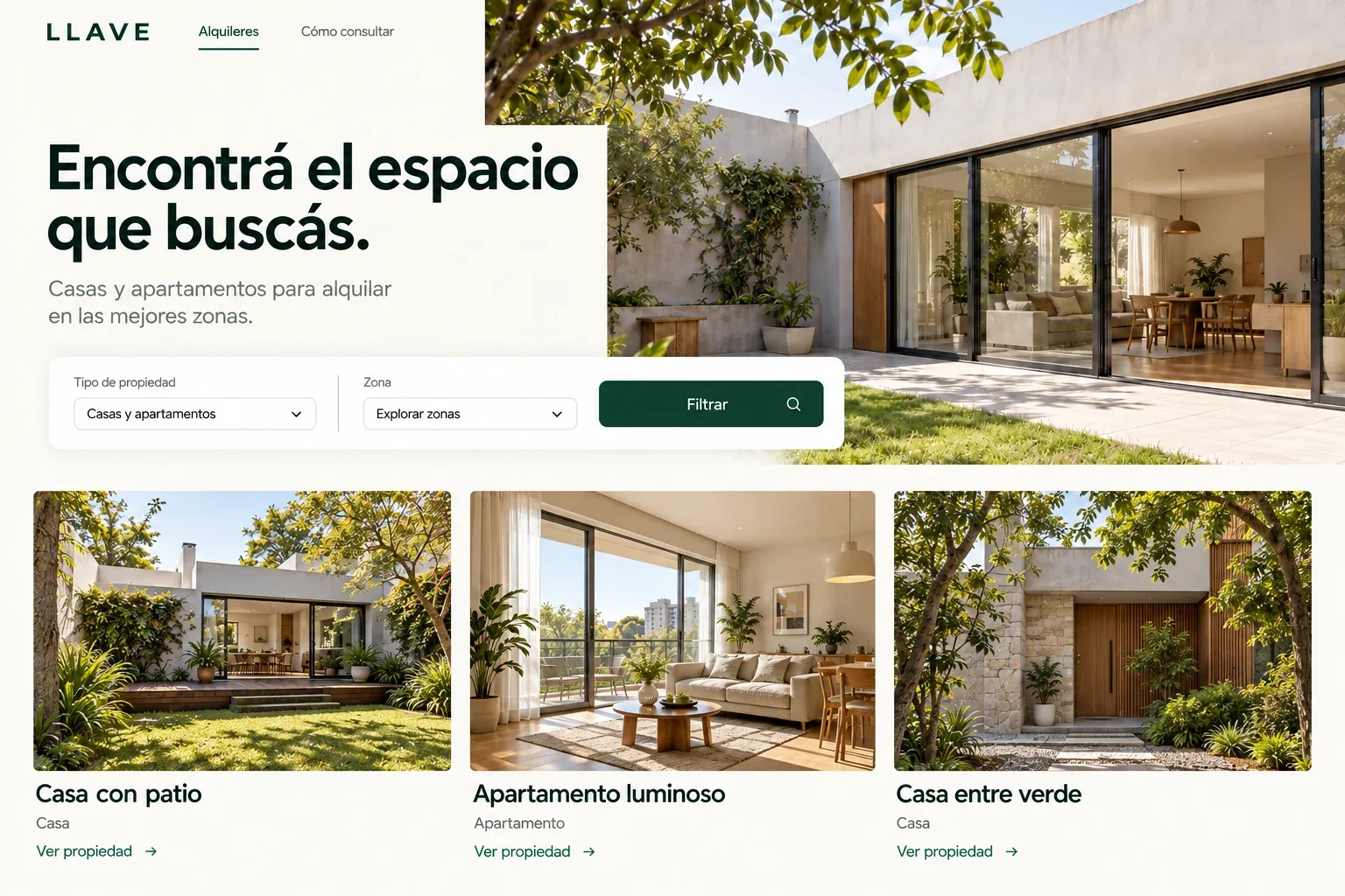 Catálogo de alquileres de Llave con filtros y fotografías de casas y apartamentos vacíos.