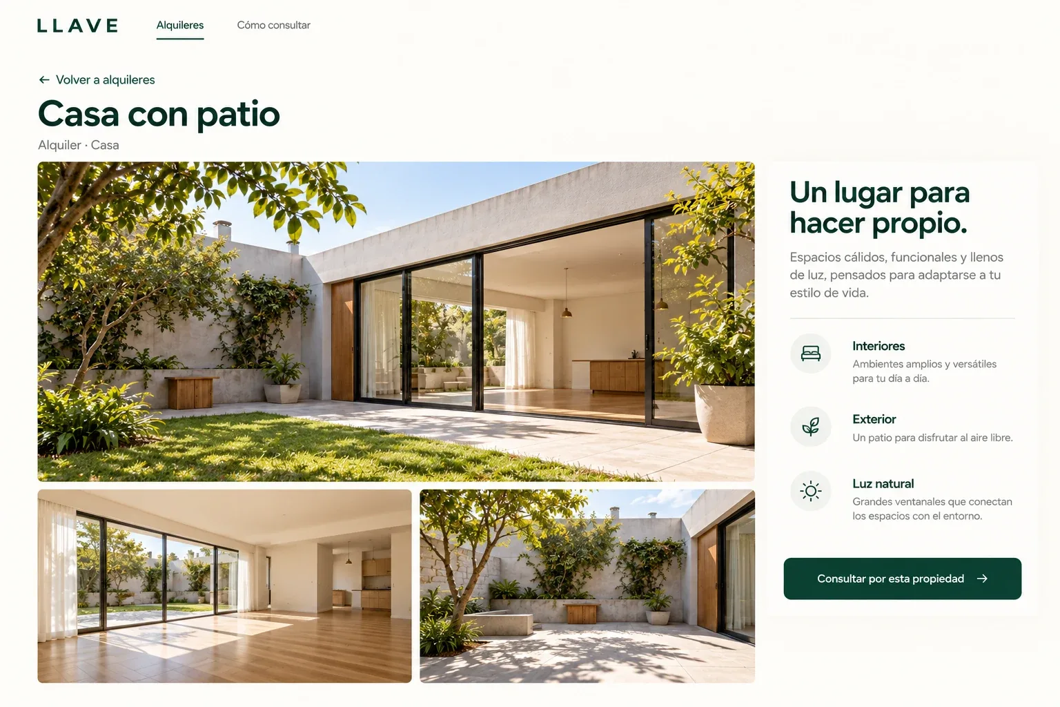 Ficha de una casa con patio en Llave, con fotografías de sus espacios y acceso a la consulta.
