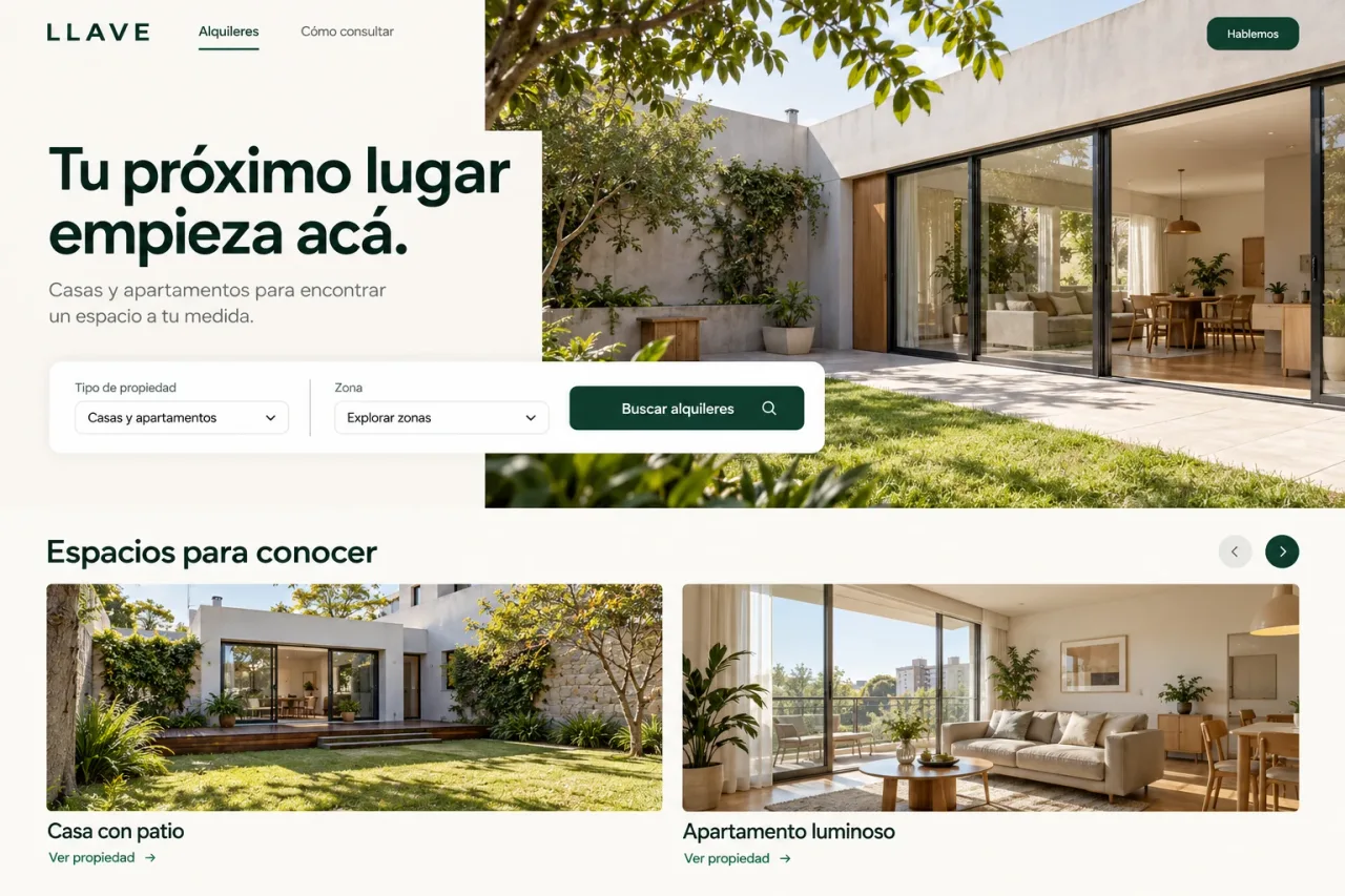 Portada de Llave con casas y apartamentos y un buscador de alquileres.