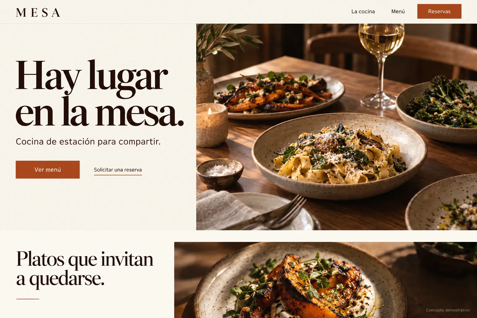 Inicio de Mesa con presentación gastronómica y acceso al menú y a una solicitud de reserva.