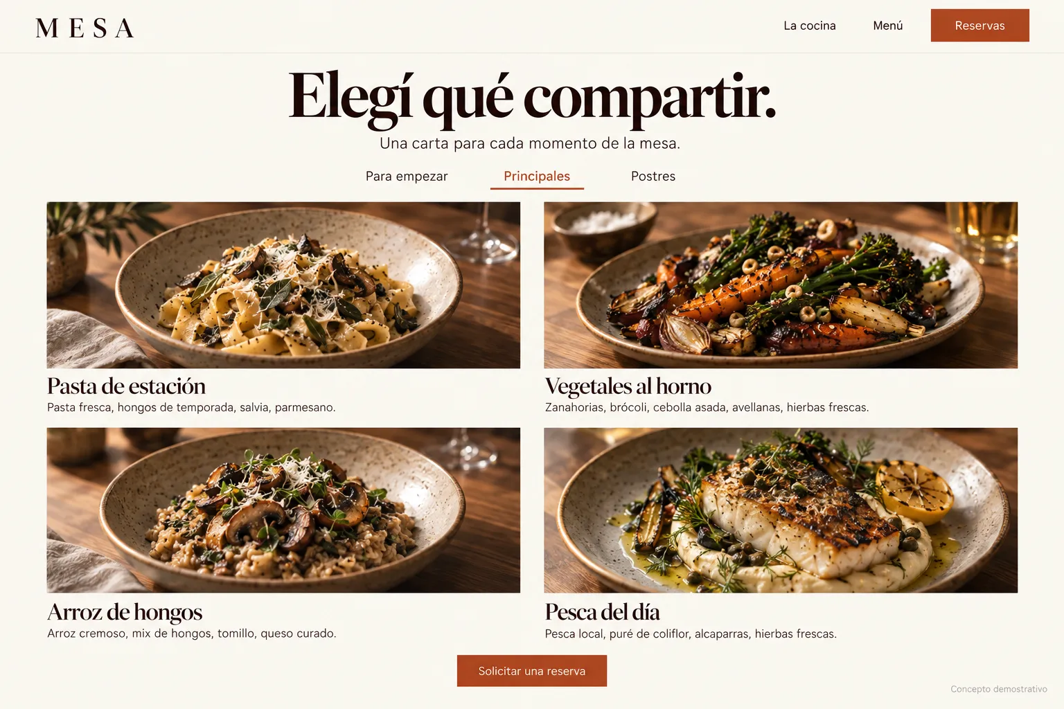 Menú de Mesa con fotografías, ingredientes y platos organizados por categorías.