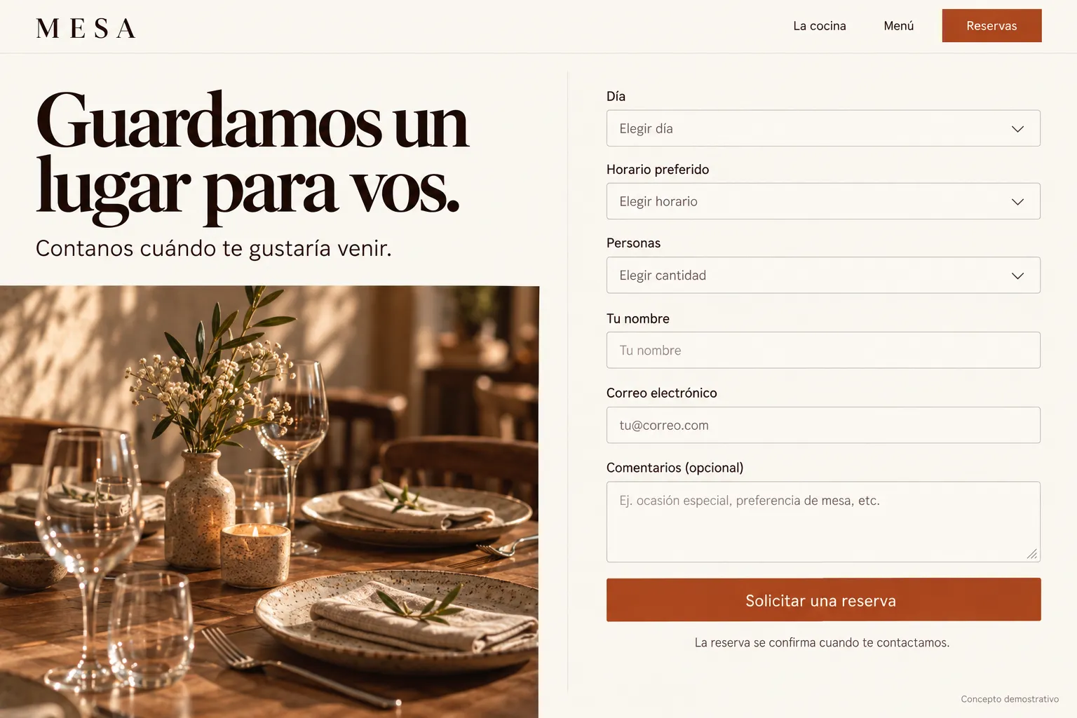 Solicitud de reserva de Mesa con fecha, horario, cantidad de personas y datos de contacto.