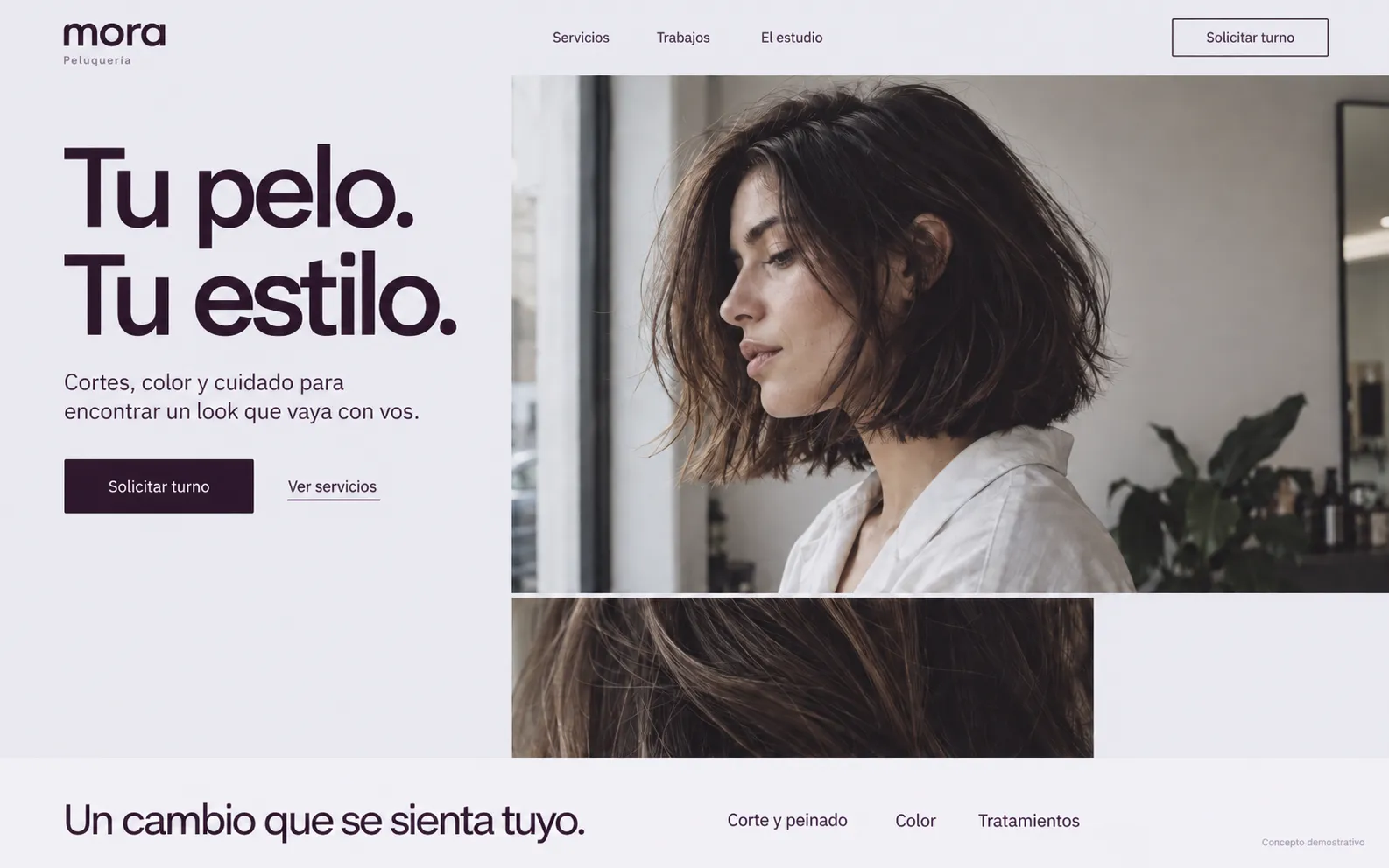 Inicio de Mora con fotografía de un corte de pelo y accesos a servicios y solicitud de turno.