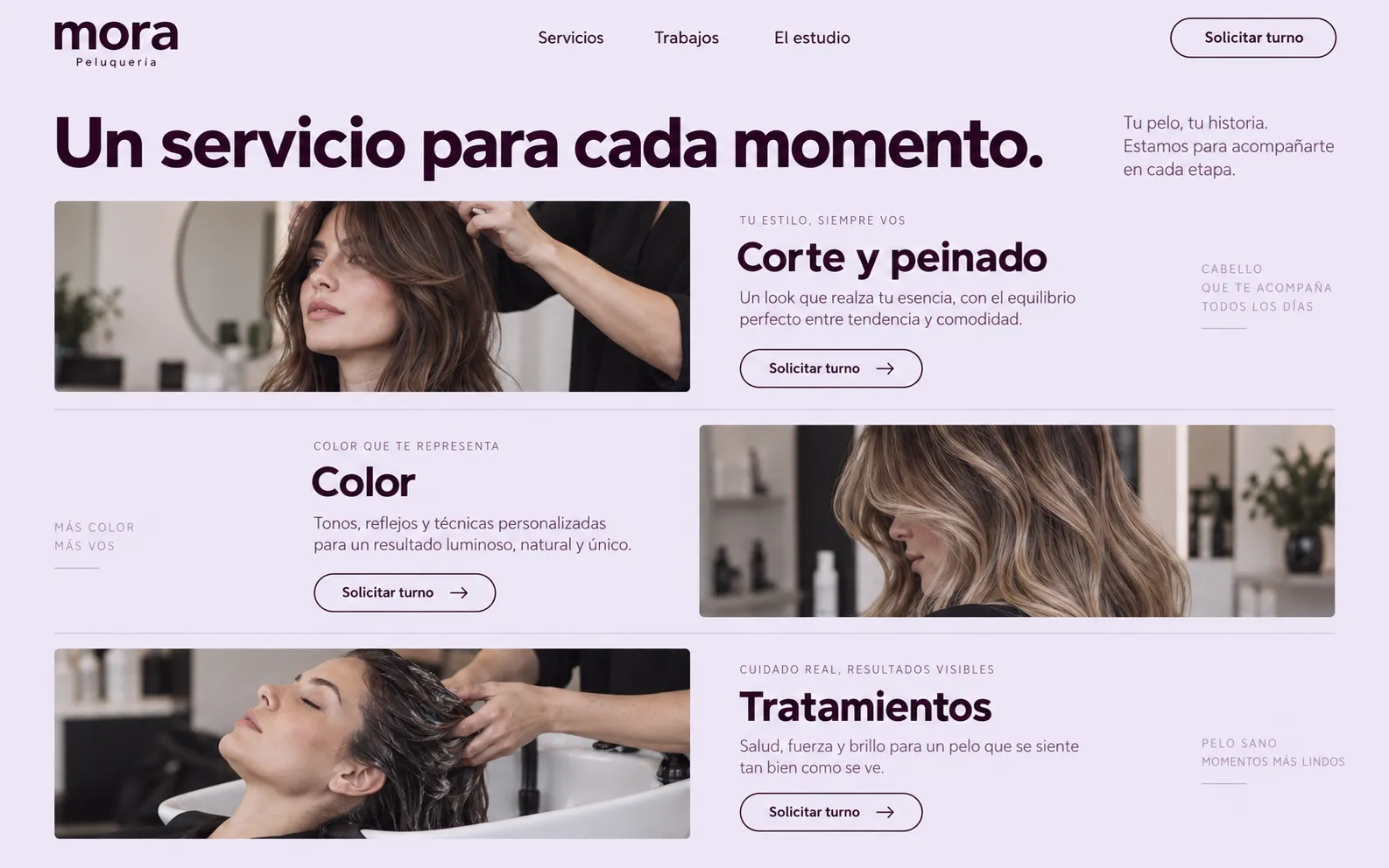 Servicios de Mora organizados en corte y peinado, color y tratamientos, con fotografías y acceso a solicitar turno.