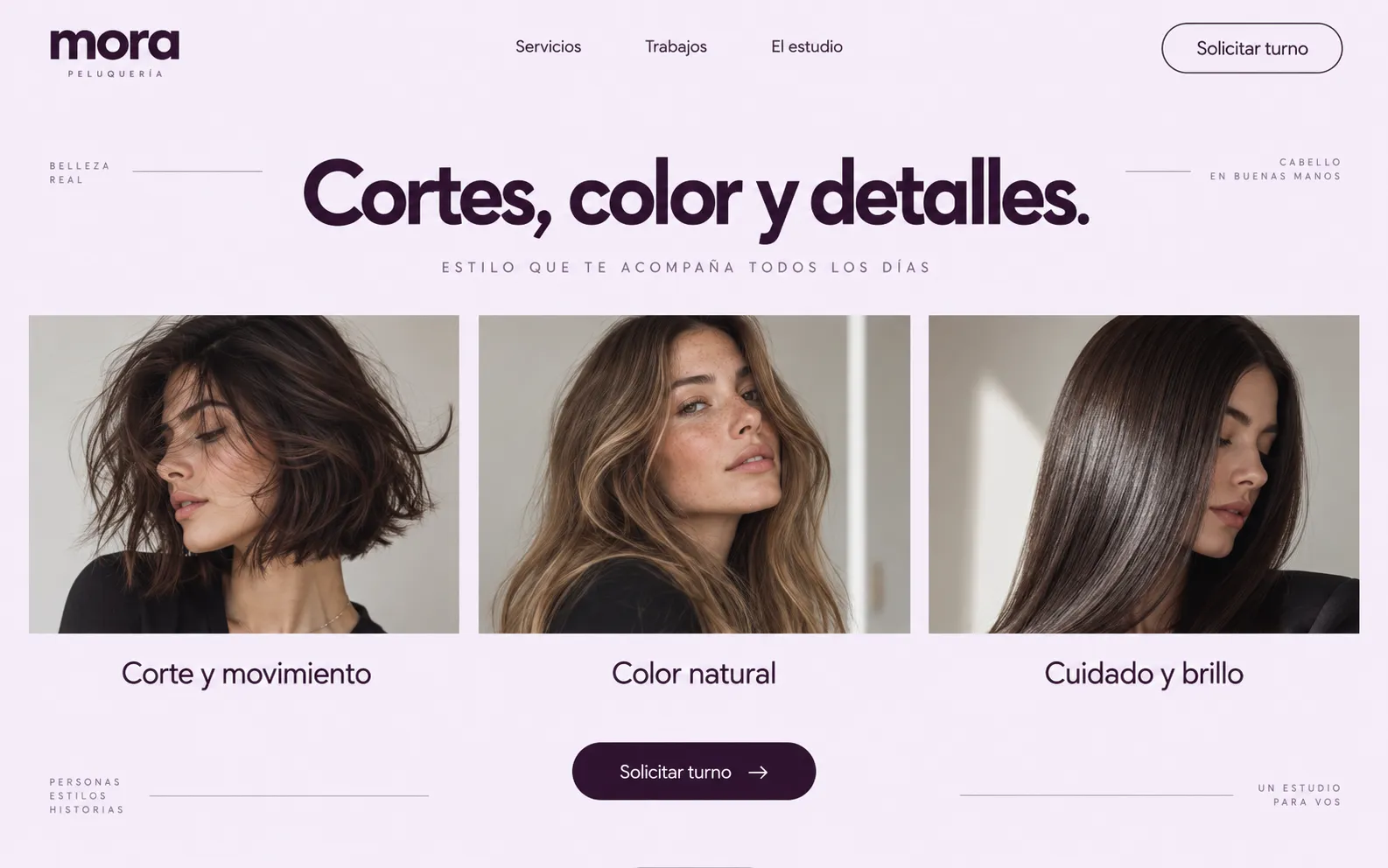 Galería de Mora con tres referencias de corte, color y cuidado del cabello.