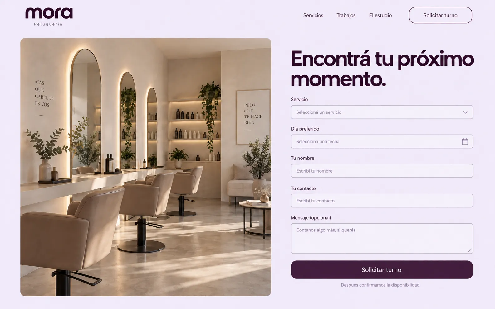 Solicitud de turno de Mora con servicio, día preferido, nombre, contacto y mensaje opcional.