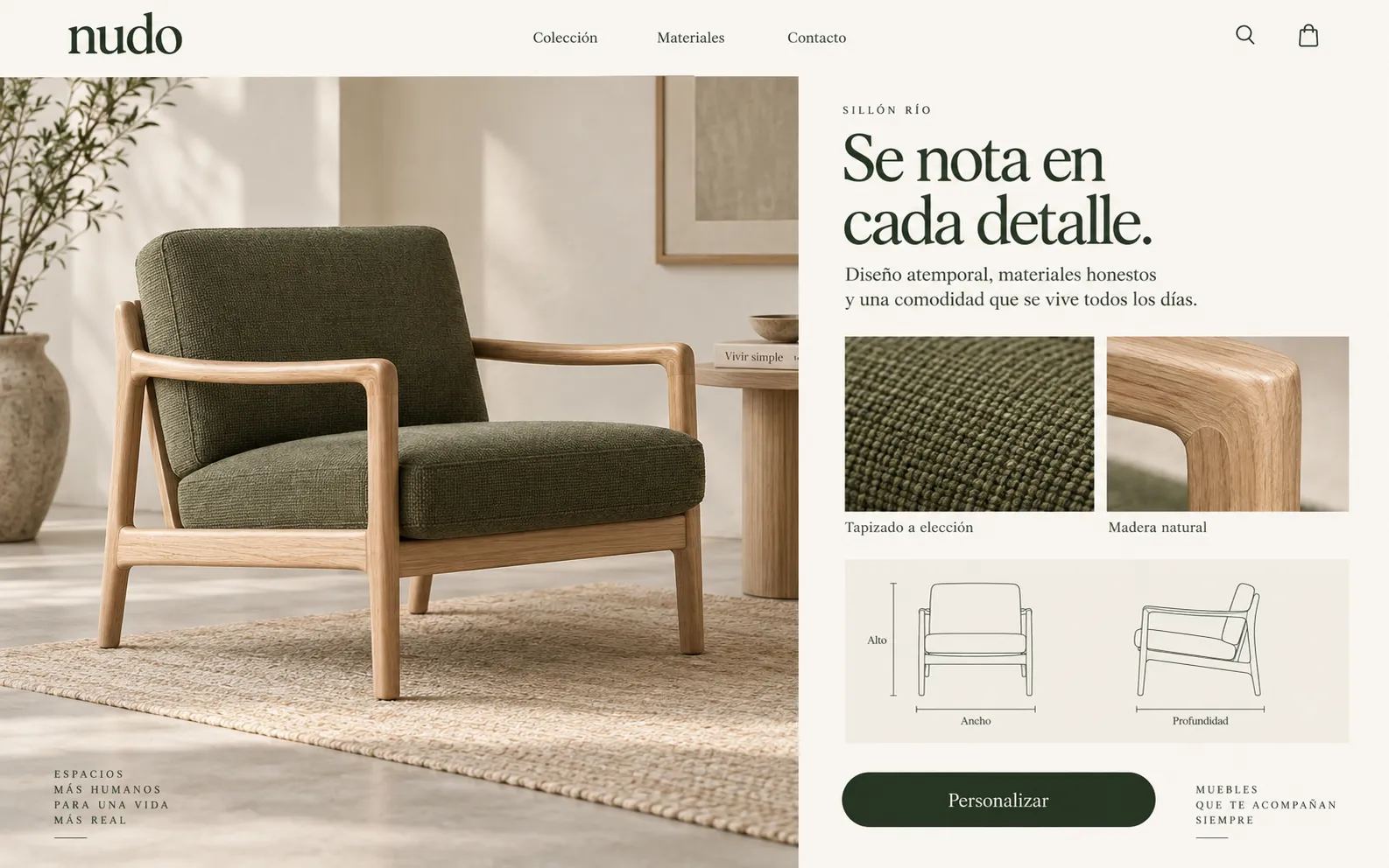 Detalles de tapizado y madera del Sillón Río, con esquema de alto, ancho y profundidad.
