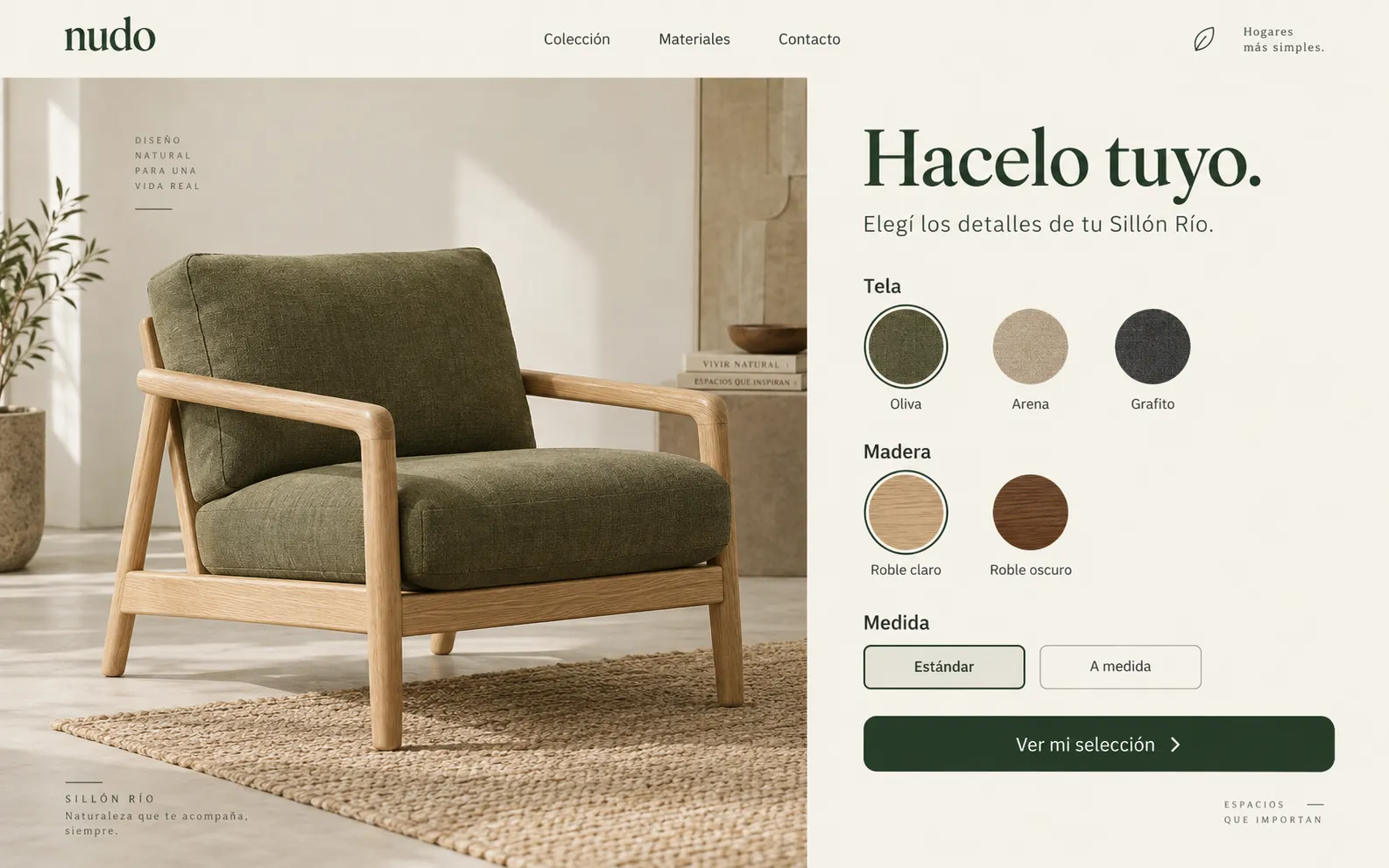 Personalización de Nudo con opciones de tela, madera y medida y acceso al resumen de selección.