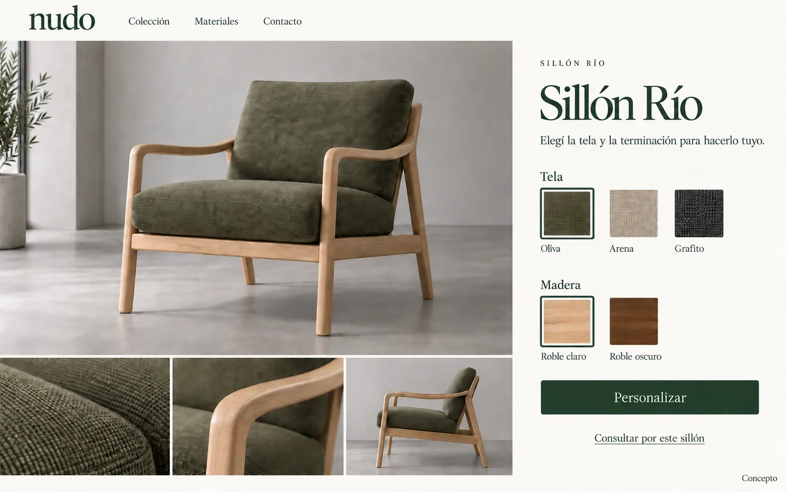 Sillón Río de Nudo con fotografía principal, detalles de tela y madera y muestras de terminaciones.