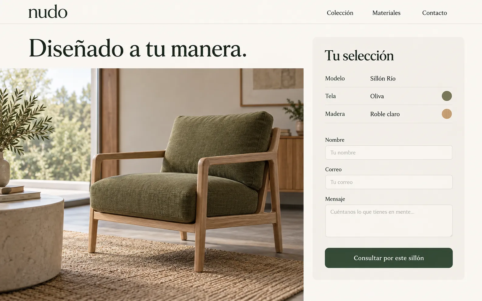 Resumen de Nudo con modelo, tela y madera elegidos y formulario de nombre, correo y mensaje.