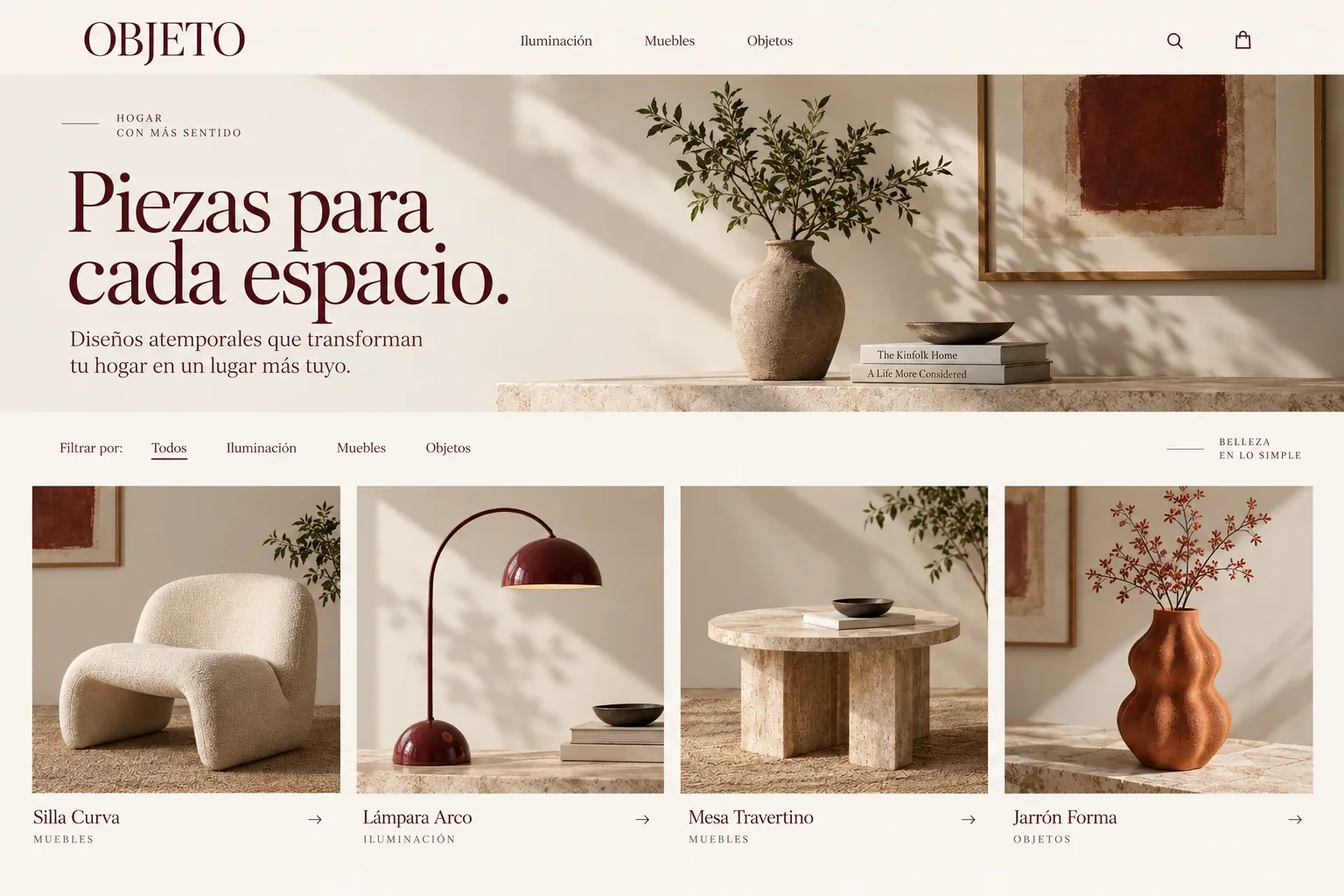 Catálogo de Objeto con iluminación, muebles y piezas de decoración.