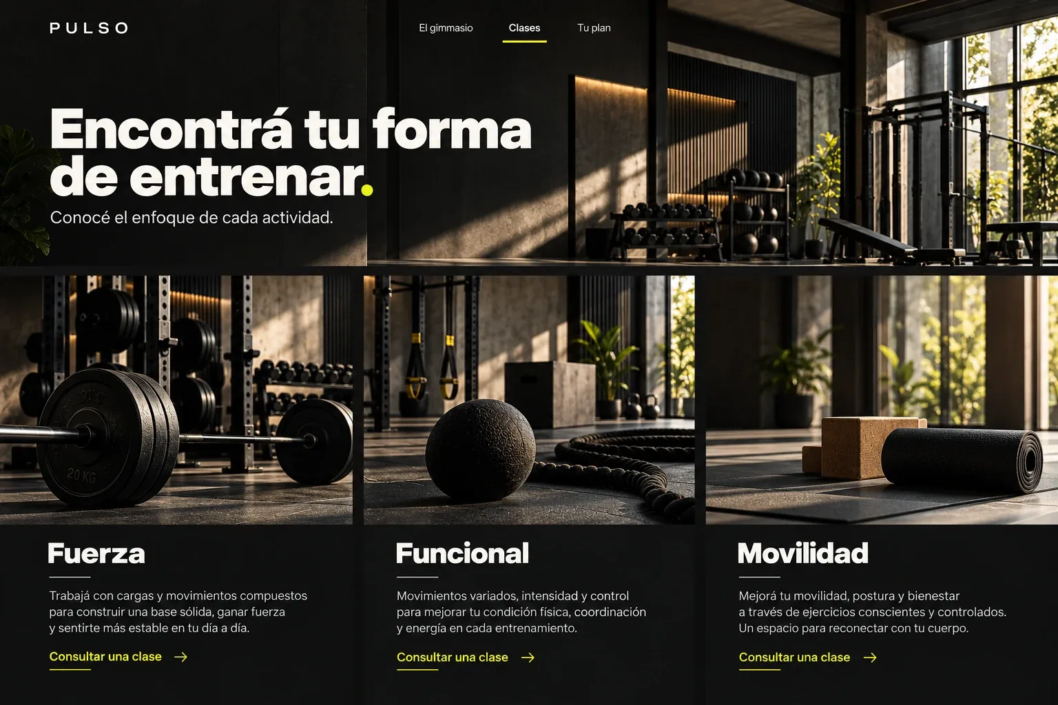 Clases de Pulso organizadas en fuerza, funcional y movilidad, con información sobre cada actividad.