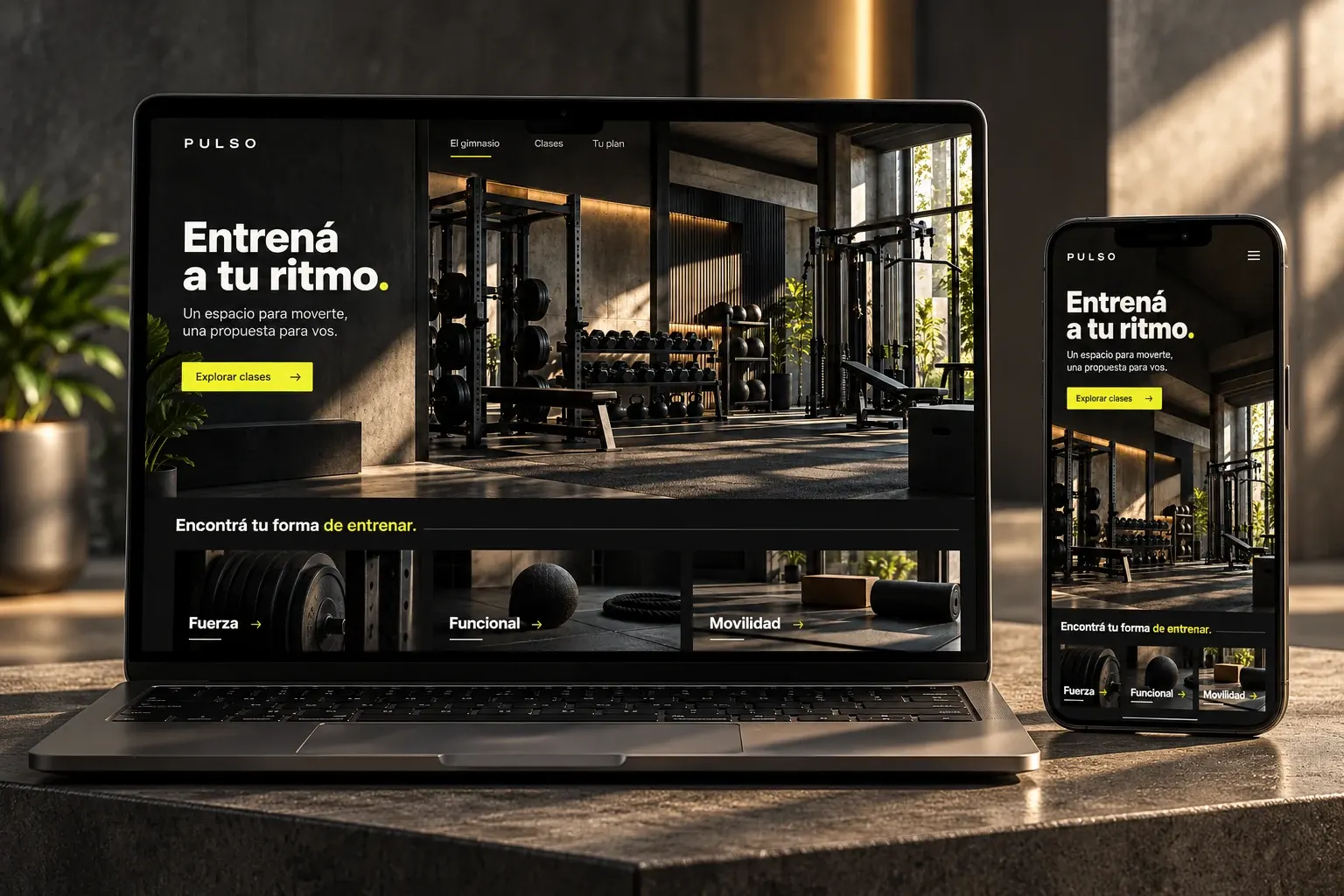 Pulso presentado en una laptop y un teléfono, con sus vistas de escritorio y móvil.