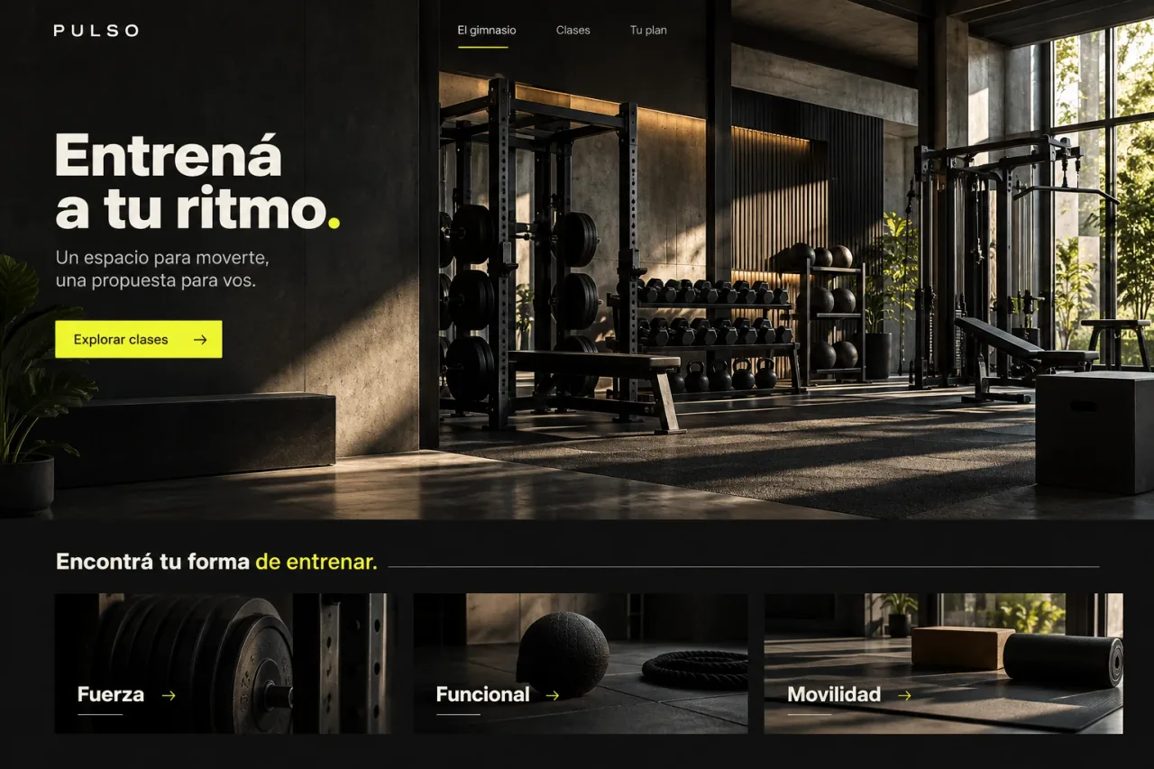 Portada de Pulso con un gimnasio vacío, equipamiento de fuerza y acceso a las clases.
