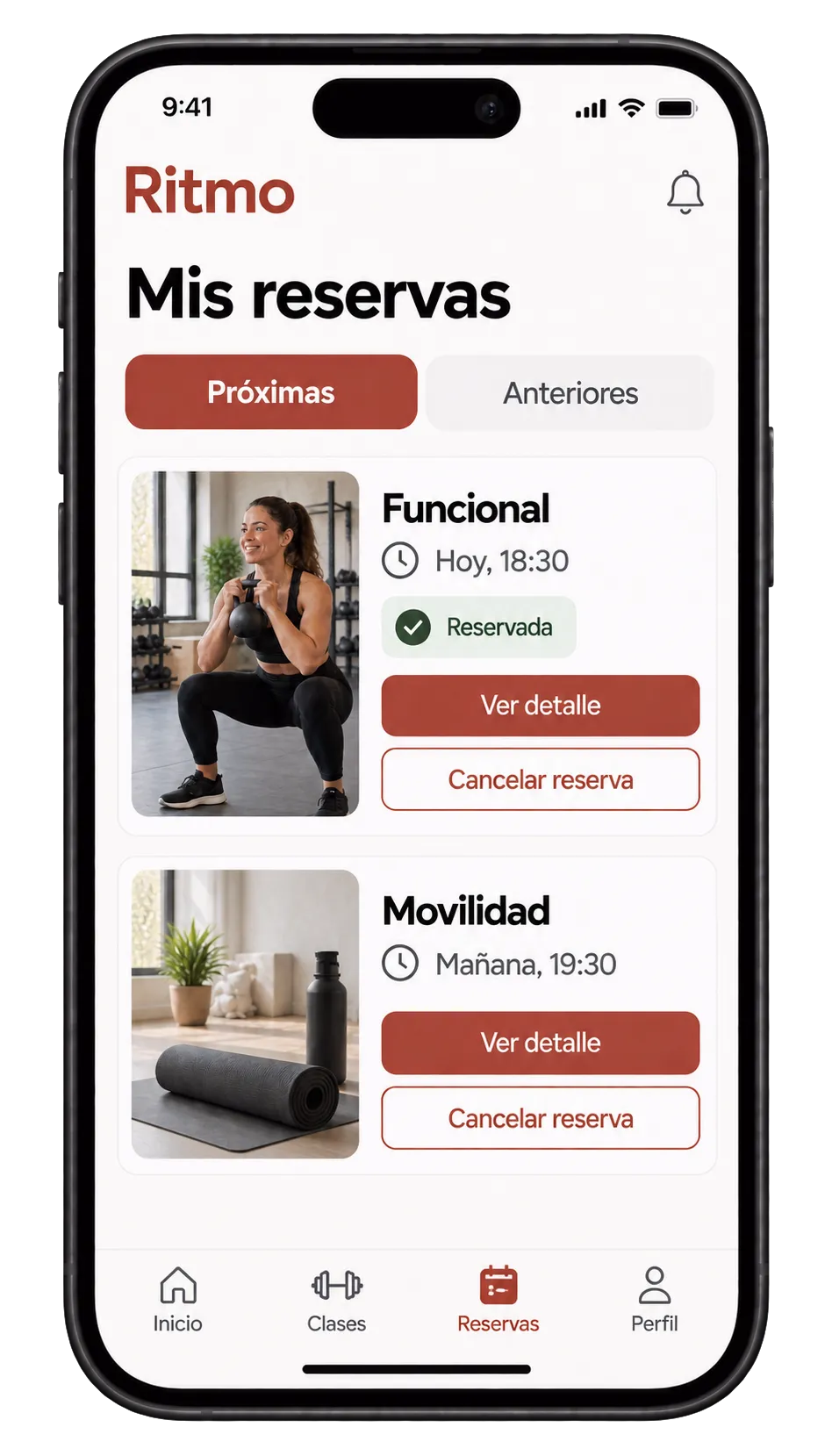 Mis reservas de Ritmo con próximas actividades y acciones de ver detalle y cancelar.