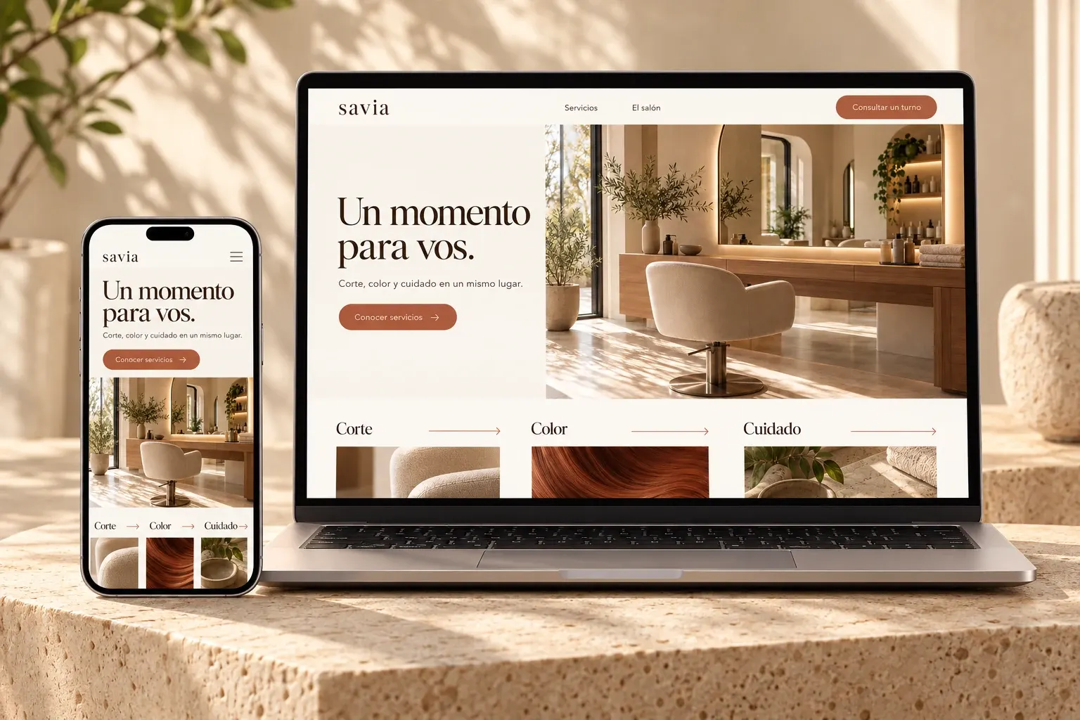 Savia presentado en una laptop y un teléfono, con sus vistas de escritorio y móvil.
