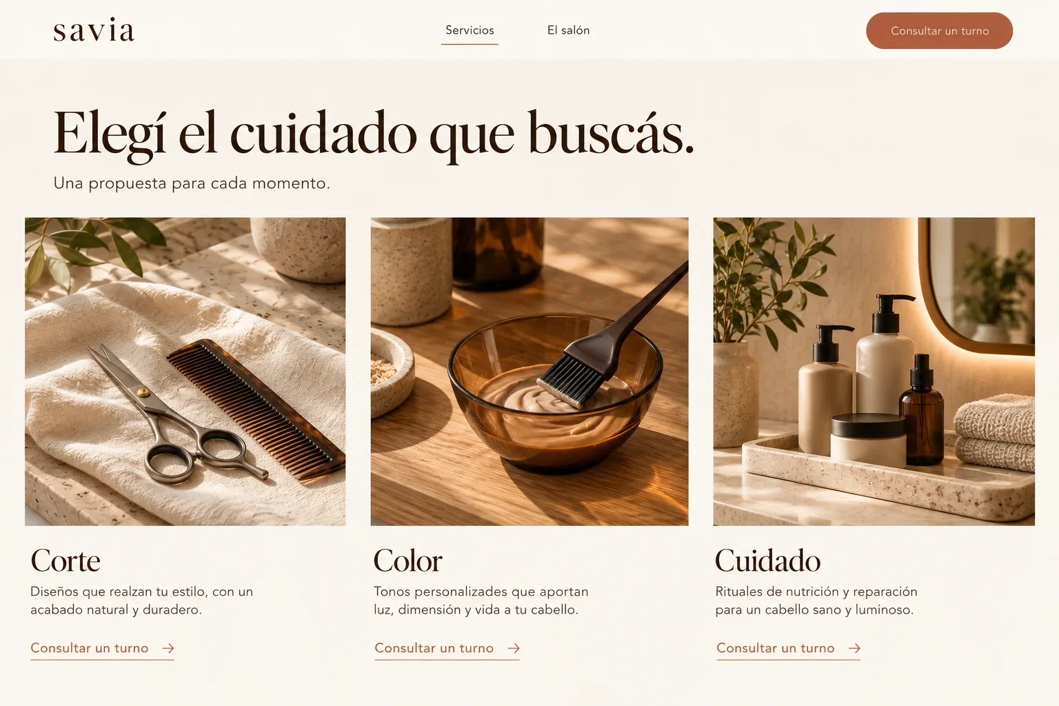 Servicios de Savia separados en corte, color y cuidado, con información para elegir.