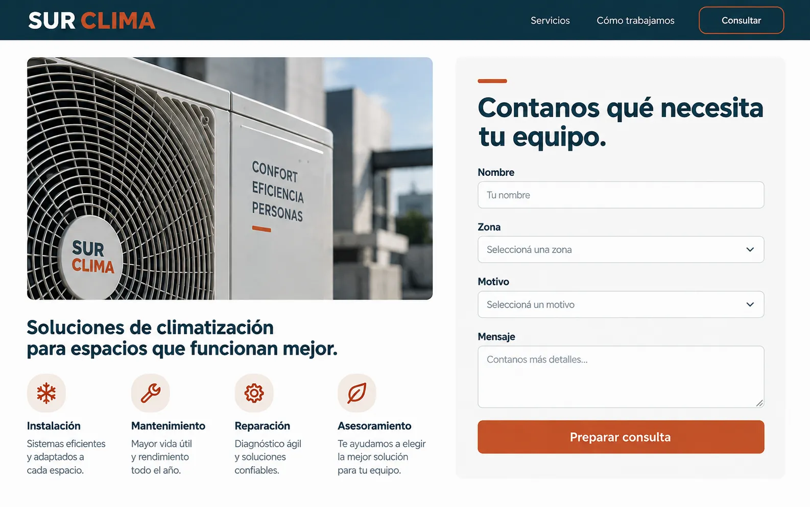 Formulario de Sur Clima con nombre, zona, motivo y mensaje, junto a un resumen de servicios.