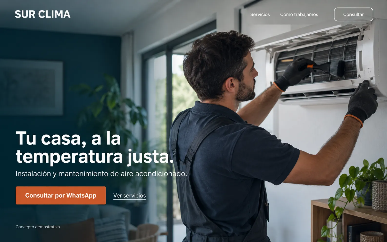 Portada de Sur Clima con un técnico junto a un aire acondicionado y accesos a consulta y servicios.
