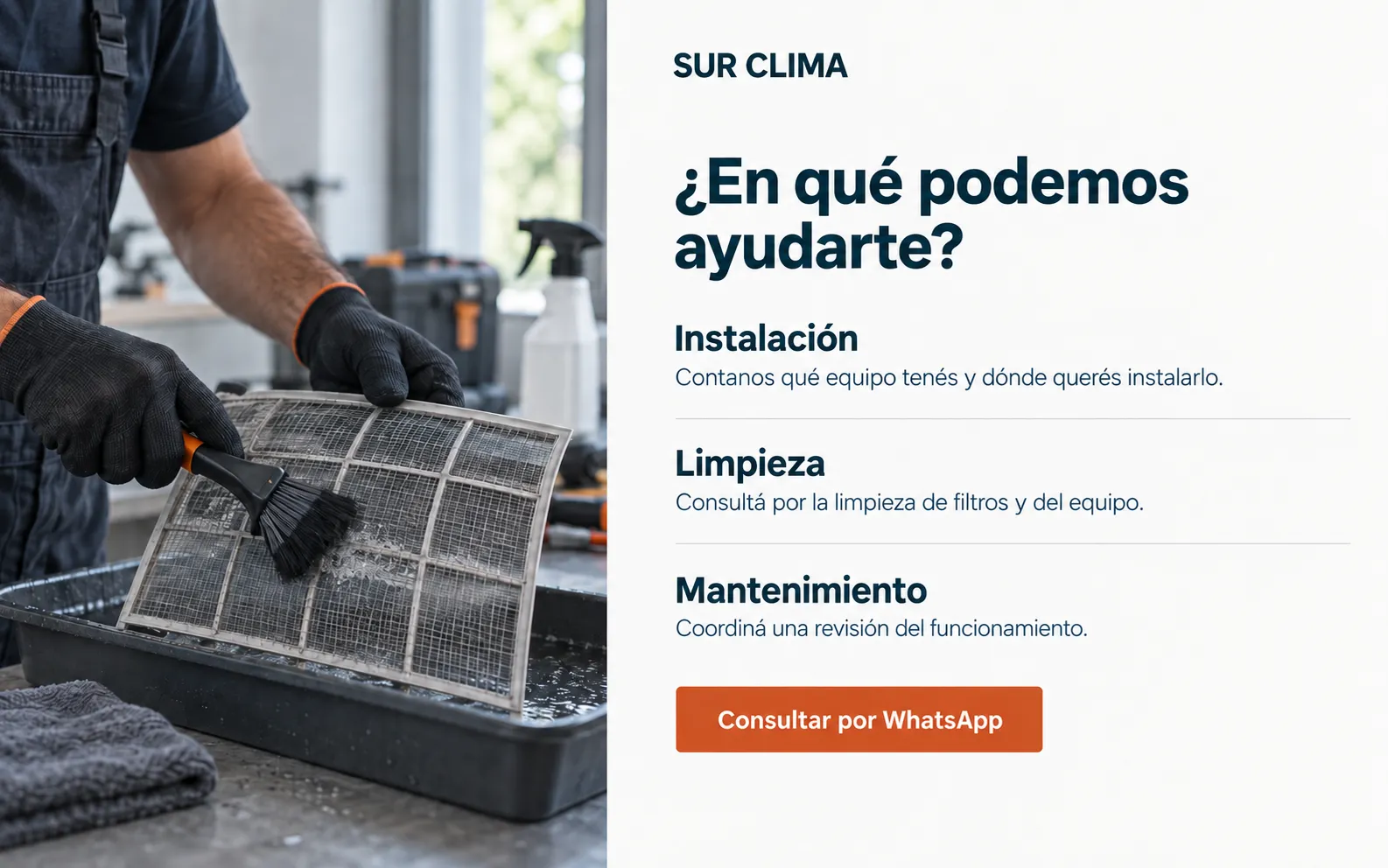 Servicios de Sur Clima: instalación, limpieza y mantenimiento, acompañados por una fotografía de limpieza de filtros.