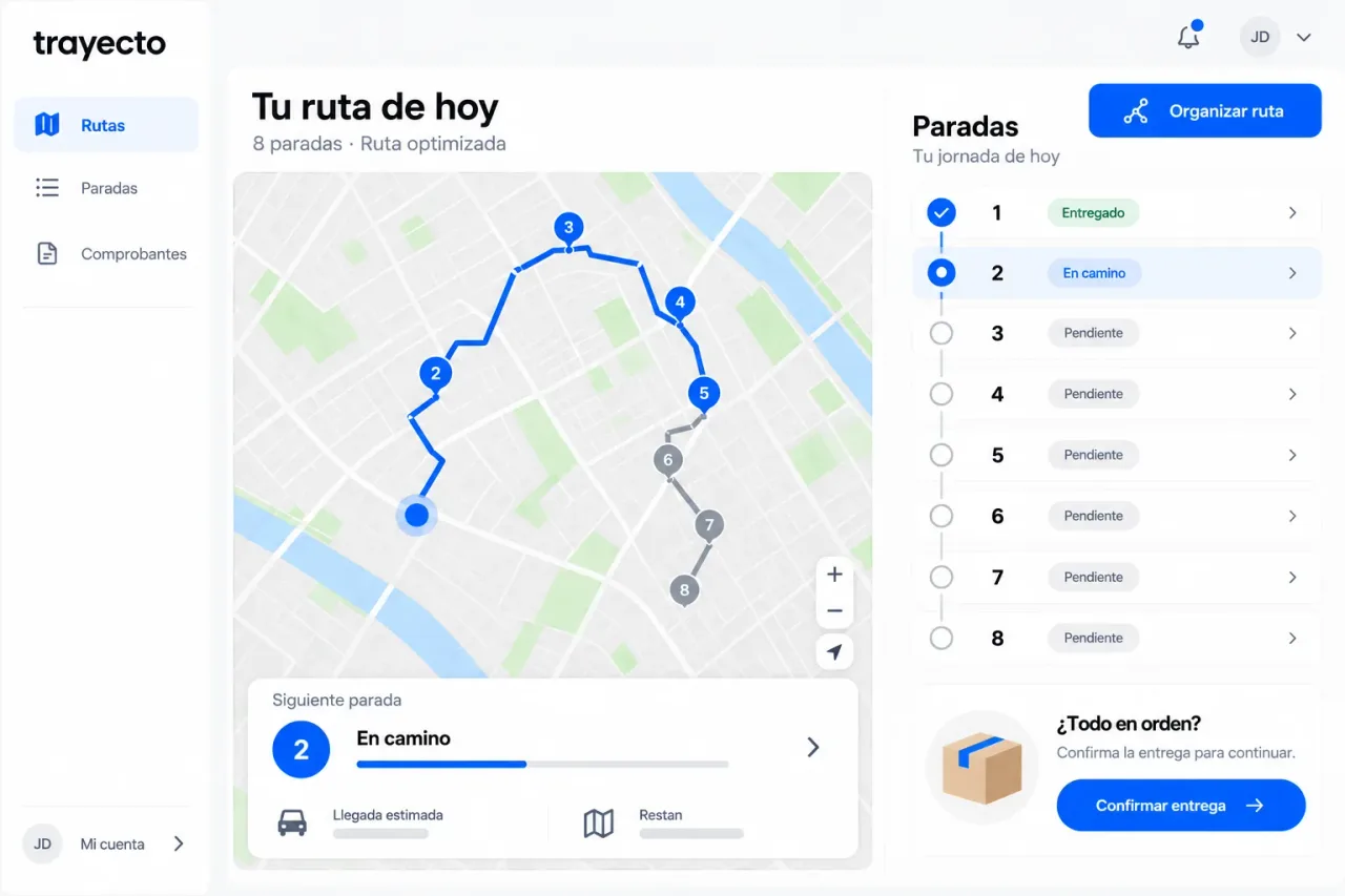 Panel de escritorio de Trayecto con el mapa de la ruta y el estado de las paradas.