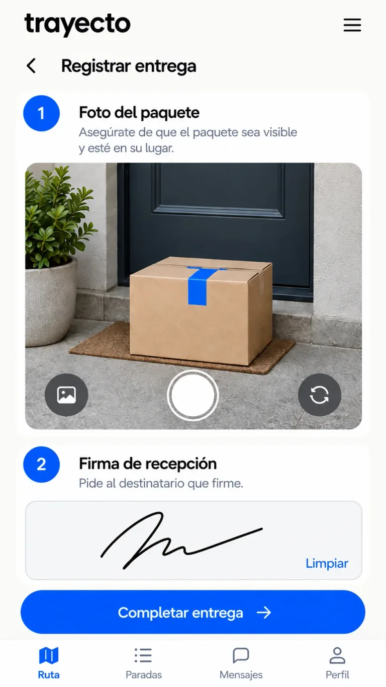 Pantalla de Trayecto para registrar una foto del paquete y la firma de recepción.