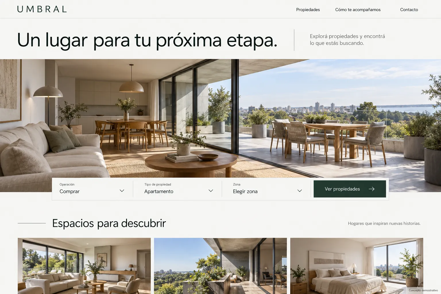 Inicio de Umbral con acceso al catálogo de propiedades.