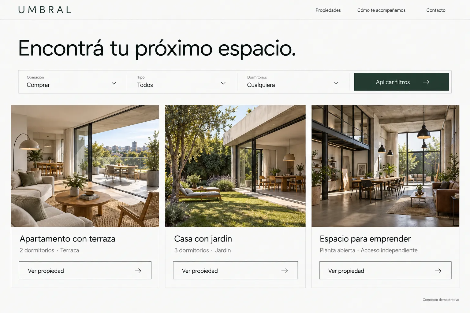 Catálogo de Umbral con filtros de Operación, Tipo y Dormitorios y propiedades para comprar.