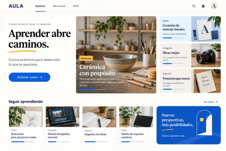 Portada de Aula con cursos destacados y progreso de aprendizaje.