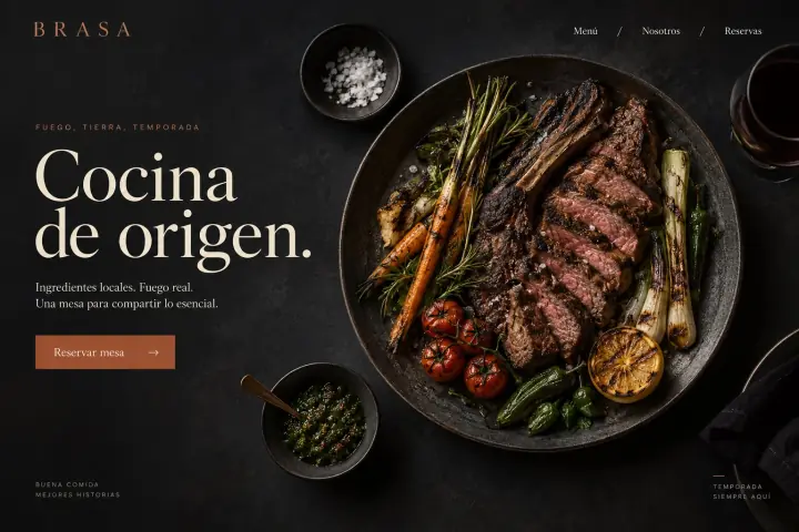 Portada de Brasa con cocina al fuego y una invitación a reservar mesa.