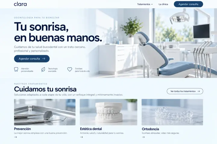 Portada de Clara con presentación de tratamientos dentales y consulta.