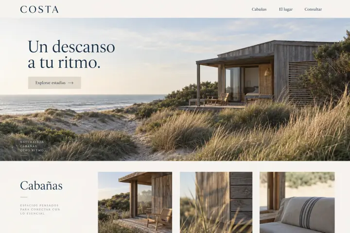Portada de Costa con cabañas junto al mar y opciones para consultar una estadía.