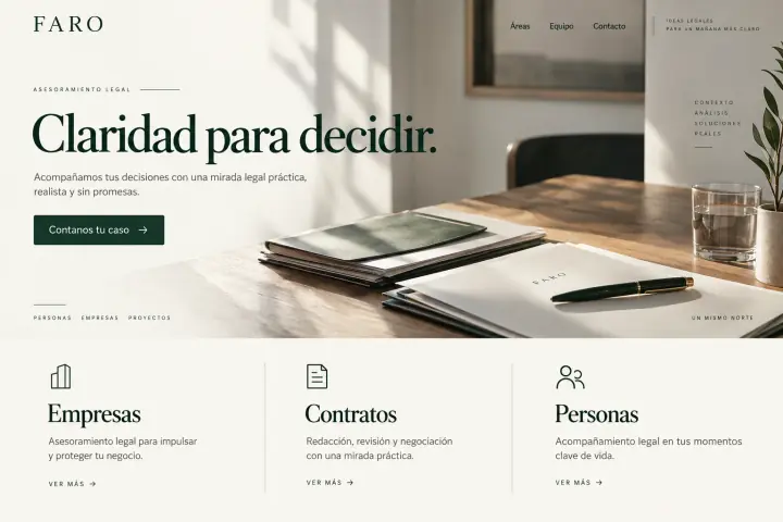 Portada de Faro con áreas de asesoramiento jurídico y contacto.