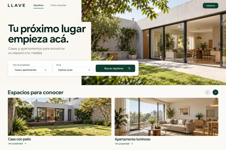 Portada de Llave con casas y apartamentos y un buscador de alquileres.