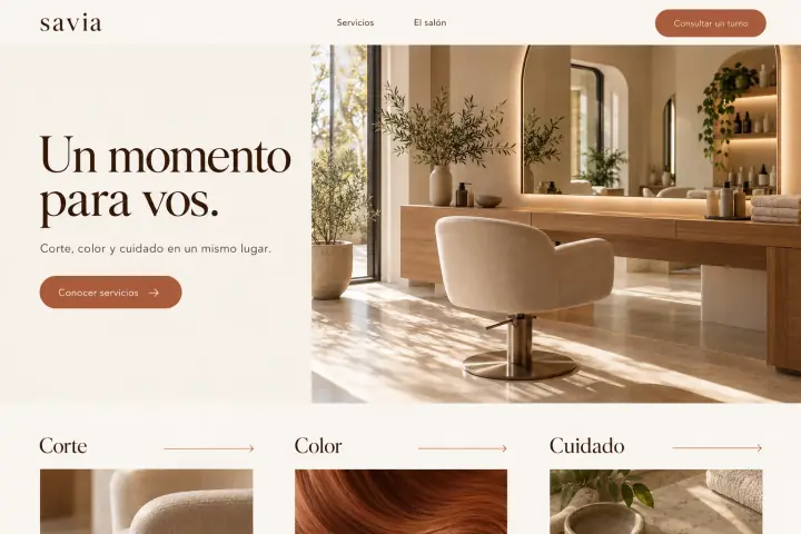 Portada de Savia con un salón vacío, espejos y sillones, y acceso a sus servicios.