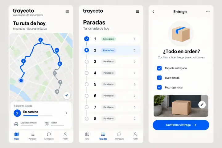 Pantallas de Trayecto con ruta del día, paradas y confirmación de entrega.